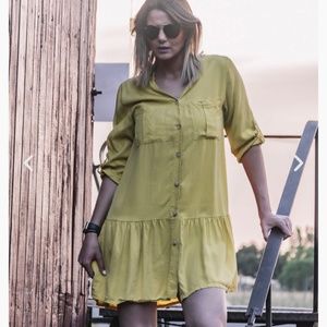 Zara Khaki Button-Down Ruffle Skirt Dress